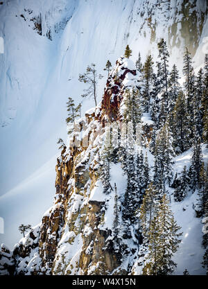 Sharp cliff coveered nel verde di pini e fresca neve caduti a yellowstone.jpg Foto Stock