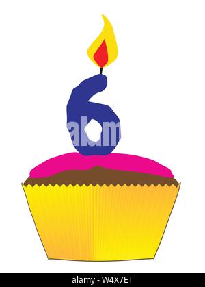 Una caramella cupcake con glassa rosa e un numero 6 come la candela Illustrazione Vettoriale