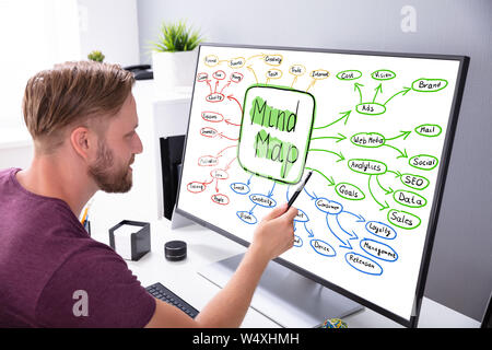 Close-up di un imprenditore rendendo la mente Mappa grafico sul computer al lavoro Foto Stock