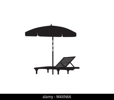 Sedia a sdraio ombrellone estate vacanze in spiaggia simbolo icona silhouette. Chaise longue, parasol isolato. Prendere il sole beach resort il simbolo delle vacanze Illustrazione Vettoriale