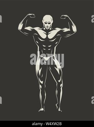 Allestitore muscolare con mani in su che dimostrano forza. Palestra, bodybuilding, concetto sportivo. Illustrazione vettoriale Illustrazione Vettoriale