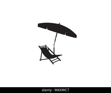 Sedia a sdraio ombrellone estate vacanze in spiaggia simbolo icona silhouette. Chaise longue, parasol isolato. Prendere il sole beach resort il simbolo delle vacanze Illustrazione Vettoriale