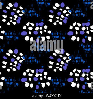 Seamless pattern astratti. Cerchi multicolori e ovali, spot su uno sfondo nero. Arrotondato e sharp gocce disposti in forma arrotondata e triangolare sha Foto Stock