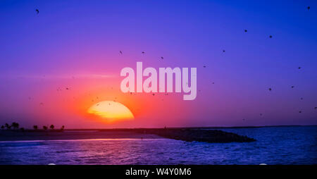 Bel tramonto al Parco Al Mamzar Beach, Dubai. Emirati Arabi Uniti, Medio Oriente Foto Stock