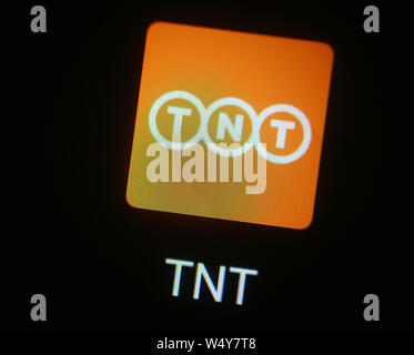 TNT Express icona applicazione sul display del computer. Foto Stock