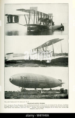 Queste foto risalgono ai primi 1920s. La didascalia recita: Transatlantic volantini. Top: Marina Americana idrovolante NC-4 che ha attraversato l'oceano con una fermata in corrispondenza delle Azzorre, raggiungendo il Portogallo, 27 maggio, 1919. Centro: La British Vickers-Vimy bombardamento aereo, che ha effettuato il primo volo non-stop attraverso l'atlantico, 16 giugno 1919. In fondo: il British dirigibile R-34 che ha volato attraverso l'Atlantico, Luglio 6, 1919. Foto Stock