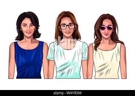 La Pop art donne modelli cartoon sorridente Illustrazione Vettoriale