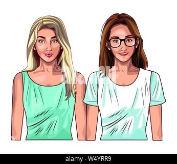 La Pop art donne modelli cartoon sorridente Illustrazione Vettoriale