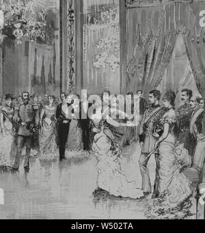 España. Palacio Real de Madrid. Las Bodas de SS. AA. RR. Doña María de la Paz de Borbón (1862-1946) y el príncipe Luís Fernando de Baviera (1883-1946). Presidieron el acto de los reyes Alfonso XII y María Cristina de Habsburgo-Lorena, y S. M. la Reina madre Doña Isabel de Borbón (Isabel II). El baile en honor de los augustos recién casados. El primer vals en el Salón de los Espejos, duranti el descanso. Dibujo del naturale, por Juan Comba. La Ilustración Española y Americana, 15 de abril de 1883. Foto Stock