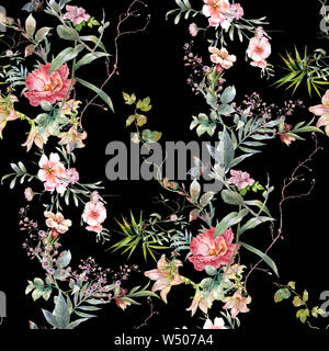 La pittura ad acquerello di foglie e fiori, seamless pattern su sfondo scuro Foto Stock