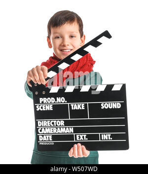 Ragazzino con clapperboard su sfondo bianco Foto Stock