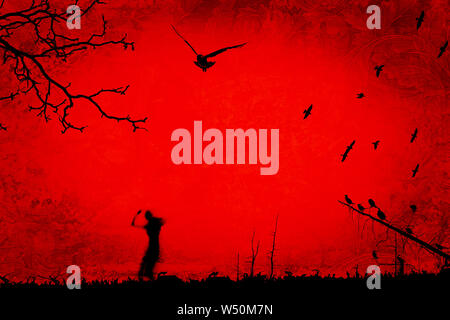 Festa di halloween illustrazione creativa con silhouette nera di zombie su sfondo arancione. Spazio di copia Foto Stock