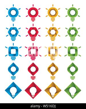 Spirale lampada a forma di simboli su sfondo bianco. Infografico icone della lampadina. Illustrazione Vettoriale