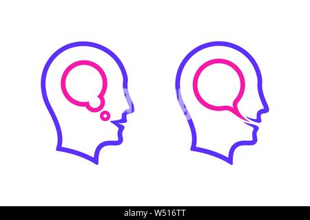 Testa umana simboli con pensiero discorso bolla. Grande idea icone. Illustrazione Vettoriale