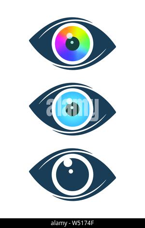 Abstract simboli di occhio con colorati bulbi oculari su sfondo bianco. Icona di visione di design. Illustrazione Vettoriale
