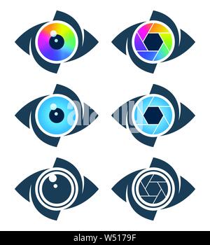 Occhio astratto e simboli di otturatore. Media icona creative design. Illustrazione Vettoriale