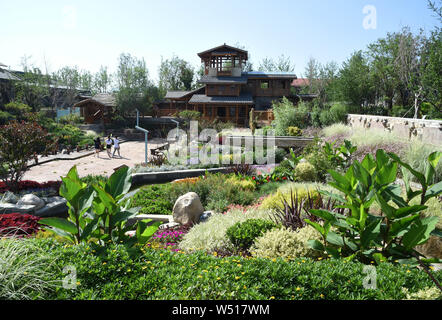 (190726) -- CHONGQING, luglio 26, 2019 (Xinhua) -- la gente visita il Giardino di Chongqing presso il Beijing International mostra orticola in Pechino, capitale della Cina, 25 luglio 2019. Situato nel sud-ovest della Cina, Chongqing è l'unico comune in centrale e occidentale in Cina. Costruito sulla montagna e parzialmente circondato da il Yangtze e fiumi Jialing, è noto come un 'Monte città' e una 'città sui fiumi". Essa serve come un importante centro economico e culturale in Cina occidentale. Con le sue particolari caratteristiche topografiche, Chongqing ha lo scenario unico di montagne, fiumi e foreste, molle waterfa Foto Stock