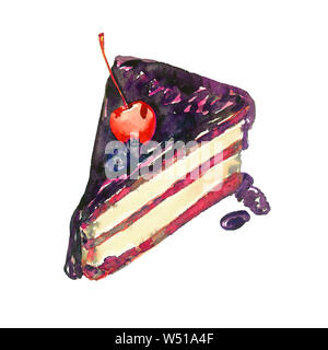 Torta al cioccolato fetta con frutti di bosco, dipinte a mano illustrazione ad acquerello isolati su elemento bianco per la progettazione Foto Stock