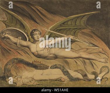 Satana esultando su EVA, William Blake (British, 1757 - 1827), 1795, grafite, penna e inchiostro nero e acquarello, 42,5 × 53,5 cm (16 3/4 × 21 1/16 in Foto Stock