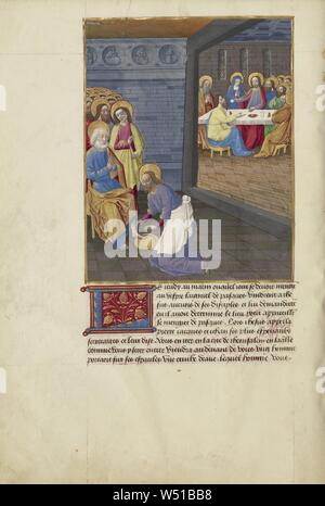 Cristo lavando i piedi degli apostoli e l'Ultima Cena, Master di Guillaume Lambert e workshop (francese, attivo circa 1475 - 1485), Lione, Francia, circa 1480 - 1490, tempere, gold e silver e vernici, foglia argento, e inchiostro nero su pergamena, Leaf: 30,5 x 21,6 cm (12 x 8 1/2 in Foto Stock