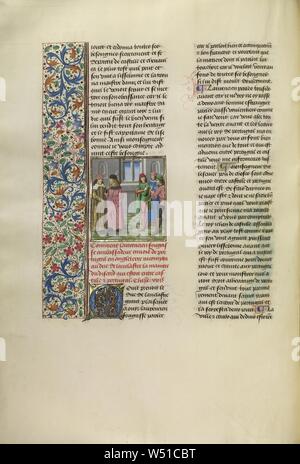 L'ambasciatore portoghese Lawrence Fongasse prima di Giovanni di Gaunt, duca di Lancaster, sconosciuto, Bruges, Belgio, circa 1480 - 1483, tempere, foglia oro, oro vernice, e inchiostro su pergamena, Leaf: 48 x 35 cm (18 7/8 x 13 3/4 in Foto Stock