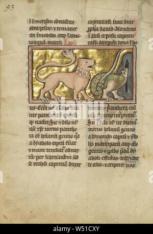 Un Leone e un drago alato, sconosciuto, Thérouanne ?, Francia (ex Fiandre), quarto trimestre del XIII secolo (dopo il 1277), tempere, penna e inchiostro, foglia oro e oro dipingere su pergamena, Leaf: 23,3 x 16,4 cm (9 3/16 x 6 7/16 in Foto Stock