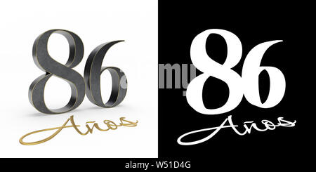 Iscrizione in spagnolo. numero aureo ottantasei anni (numero 86 anni) e l'iscrizione anni con ombra e canale alfa. Tradotto da Foto Stock