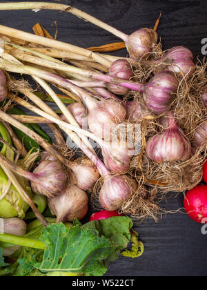 Super aglio, il ravanello o tavoli in legno nero Foto Stock