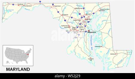 La mappa stradale di Stato americano del Maryland Illustrazione Vettoriale