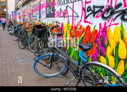 Biciclette olandesi nella parte anteriore di un grande poster del Dutch Canal alloggiamento e tulipani e con graffiti. Foto Stock