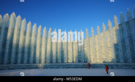 Vista visitatori sculture di ghiaccio sul display durante il ventesimo Cina Harbin ed al Mondo del Ghiaccio e della neve 2019 nella città di Harbin, a nord-est della Cina di Provincia di Heilongjiang, 5 Ja Foto Stock