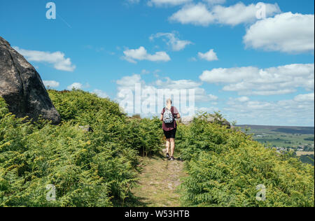 Giovane donna e cane a camminare a Ilkley Moor vacca e rocce di vitello nello Yorkshire, Regno Unito. Noto anche come Hangingstone rocce. Foto Stock