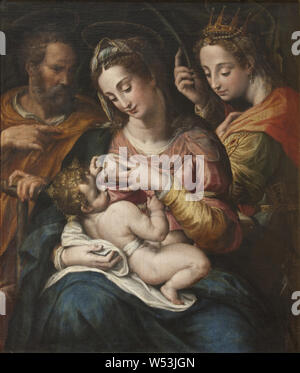 Attribuita a Giulio Cesare Procaccini, la Santa Famiglia con Santa Caterina, la Santa Famiglia con Sta Katarina, pittura, l'arte religiosa, Caterina di Alessandria, olio su tela, altezza 77 cm (30,3 pollici), Larghezza 67 cm (26,3 pollici) Foto Stock