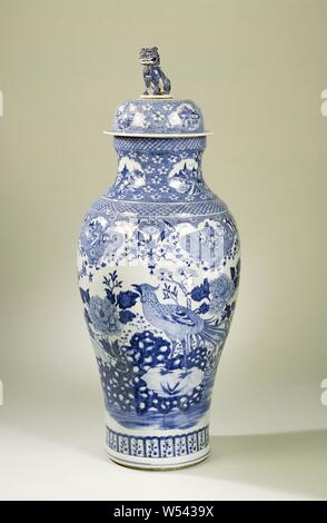 Vaso Lidded balaustra coperto jar con fagiani su una roccia nei pressi di piante fiorite e paesaggi in pannelli, grande balaustra a forma di vaso di porcellana con un leggermente svasato il collo e il bordo rialzato, dipinta in underglaze blu. Sul muro due fagiani su una roccia con piante in fiore (peonia, magnolia, prunus). Al di sopra di una band con lambrequins riempito con rosette di fiori sulle rane, con paesaggi salvati in cartouches lobata. Tra i grandi lambrequins minore con i simboli di Fortuna (monete, pietra musicale) su una prua circondato da vitigni floreali. Il collo con spirale lavoro interrotto da prunus fiori e quattro festone Foto Stock