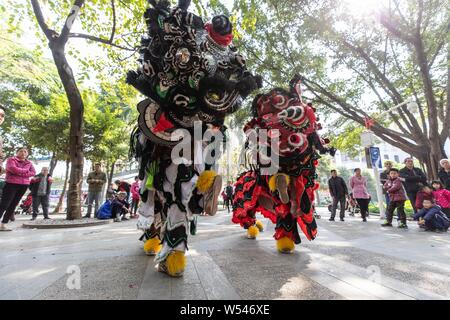 Gli studenti di Foshan Leone danza Maestro Pang Zhaosheng eseguire in un parco in Foshan City, a sud della Cina di provincia di Guangdong, 24 gennaio 2019. Pang è un f Foto Stock