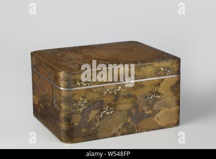 Pauw-myoo, una forma rettangolare alta box con una curva leggermente il coperchio di lacca con oro e argento intarsio di lamina e madreperla, con un'immagine di Kujaku myoo sul coperchio, una figura con sei bracci di cui due sono piegate davanti al petto e quattro tenere una prua, due frecce, una vajra e un tridente, seduto su un pavone con le piume di coda di diffusione su un trono di loto, con Lotus di piante in acqua intorno e su entrambi i lati della scatola. I bordi del coperchio e scatola con un confine di argento, l'interno decorato con nashiji, l'interno del coperchio in oro di makie la firma "hosai' e in rosso la guarnizione 'Shosai'. Foto Stock
