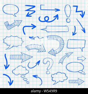 Disegnato a mano le frecce ed elementi di punteggiatura. Blue schizzo su carta rigata sfondo Illustrazione Vettoriale