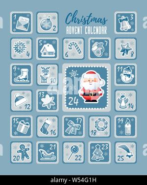 Conto alla rovescia di natale Calendario dell'Avvento con Natale icone decorative e carino Santa Claus. Illustrazione Vettoriale senza la trasparenza. Illustrazione Vettoriale