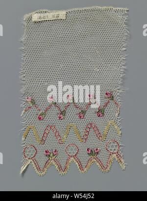 Striscia di merletto a fuselli con tre dipinti di linee a zig-zag, striscia di colore naturale il merletto a tombolo, bionda, con il modello dipinto con oro, rosso, rosa e verde. Il pattern si avvia sulla metà inferiore della striscia e consiste di tre linee a zig-zag posto al di sopra di ogni altro e conformati in modo differente. La linea superiore consiste di boccioli di rosa che sono collegati tra loro con una linea a zig-zag. La linea centrale è costituito da una linea a zig-zag alternata di un fortemente schiacciata la linea di avvolgimento ed una linea costituita da cerchi collegati. La linea di fondo è costituito da una linea a zig-zag che è costruito con fili di contorno Foto Stock