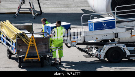 Berlino, Germania. 26 Luglio, 2019. Personale a terra dell'aeroporto di Schoenefeld pack valigie e borse da un aereo è atterrato su un carrello di trasporto. Credito: Paolo Zinken/dpa/Alamy Live News Foto Stock