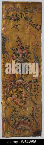 Orbita di pelle dorata, dorate punzonate foundation con la pittura di telai di rocailles e S- e C-volute, compresi vasi di fiori, fiori e frutta rami e ghirlande, S e C volute, compresi vasi di fiore. In fondo ci sono frutti e fiori spray e nella parte superiore dei frutti e ghirlande di fiori con uccelli. La verniciatura viene eseguita in diverse tonalità di grigio, rosso, verde e blu., anonimo, Olanda, 1750 - 1775, pelle, l 263 cm × W 78 cm l 310 cm × W 85 cm × d 3 cm Foto Stock