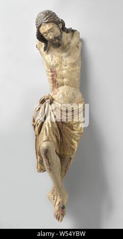 Crocifisso il Corpus Christi, Cristo è capo pende leggermente in avanti e verso sinistra, le ginocchia sono piegate leggermente il piede destro è attaccato a sinistra con un chiodo. Il comando parted capelli cade in tresses sulle spalle, ma lascia parte delle orecchie libere, il perizoma è annodato sul fianco destro e corre dal retro. Sulle tempie di una leggera cavità per la corona di spine di Cristo sulla croce sul Calvario (da soli, senza gli astanti), la sofferenza di Cristo (con la corona di spine, testa di solito ruotata lateralmente), anonimo, Francia, c. 1260, noce (legno), doratura, h 104.0 cm Foto Stock