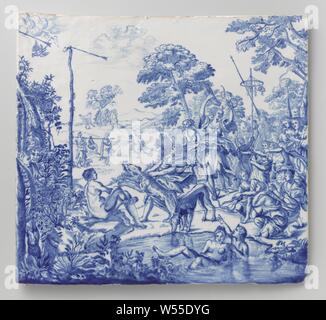 Placca con Diana e le sue ninfe piatto di faience con rappresentazione in blu underglaze di Diana con i suoi compagni sulla caccia, piastra di maioliche. Giallo tenue shard, bianco chiaro smalto stagno dipinte di blu con un paesaggio con alberi e un laghetto nel quale Diana e i suoi compagni sono a caccia. Essi vengono spiati da due uomini di figure che si nascondono nelle borchie, la caccia di Diana con le sue ninfe, anonimo, Delft, c. 1670 - c. 1690, stagno smalto, h 43 cm × W 46,3 cm Foto Stock