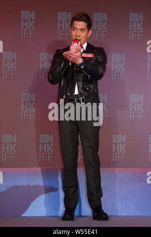 Hong Kong cantante, ballerina e attrice Aaron Kwok assiste la conferenza stampa per la 39th Hong Kong International Film Festival di Hong Kong, Cina, 26 FE Foto Stock