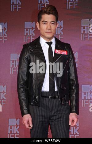 Hong Kong cantante, ballerina e attrice Aaron Kwok assiste la conferenza stampa per la 39th Hong Kong International Film Festival di Hong Kong, Cina, 26 FE Foto Stock