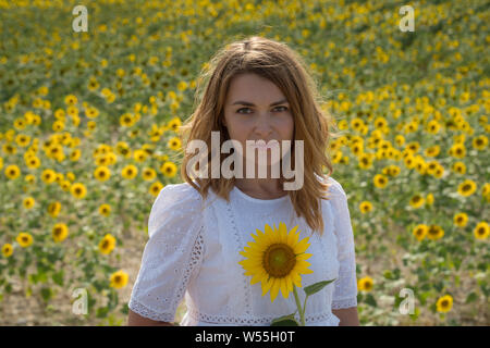 Piuttosto giovane donna su un campo di girasoli Foto Stock