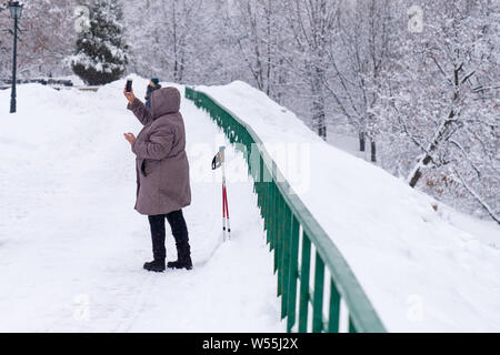 Neve scenario del Parco Kolomenskoe, un ex royal station wagon, a Mosca, in Russia, 13 febbraio 2019. Kolomenskoe park, un ex real estate posto Foto Stock