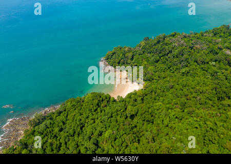 Antenna fuco vista di una piccola e bella spiaggia di sabbia circondata da lussureggiante foresta sempreverde Foto Stock