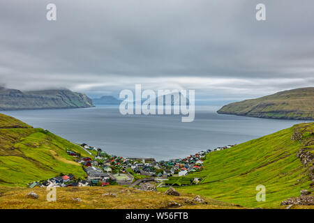 Faroe islands village near fjord, top view Foto Stock
