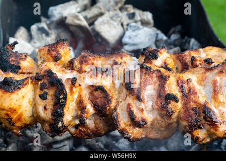 Pollo Marinato kebab cotto alla griglia sulla brace. Kebab spiedino è popolare in tutto il mondo. Foto Stock